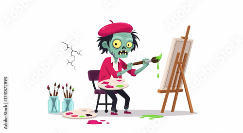 Artistic Zombie Painter with Palette and Easel Creating Green Masterpiece.