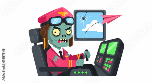 Cartoon Zombie Pilot in Cockpit with Cracked Window and Paper Airplane.