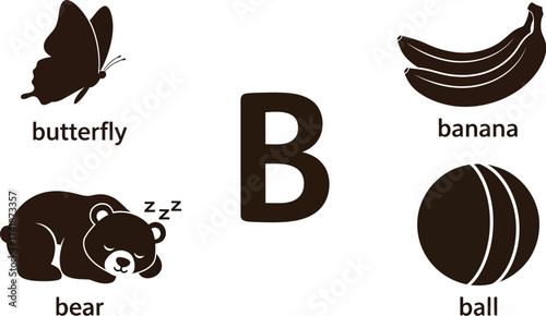 Learn the alphabet with letter b words like butterfly banana bear ball editable vector