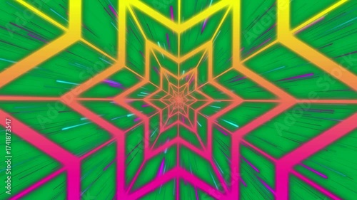 Animation of neon pink and yellow star spinning on transparent background