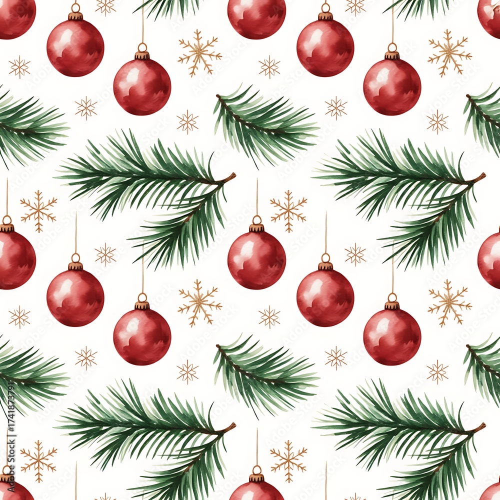 Fototapeta premium Seamless pattern of red christmas baubles and pine branches with golden snowflakes on a light background