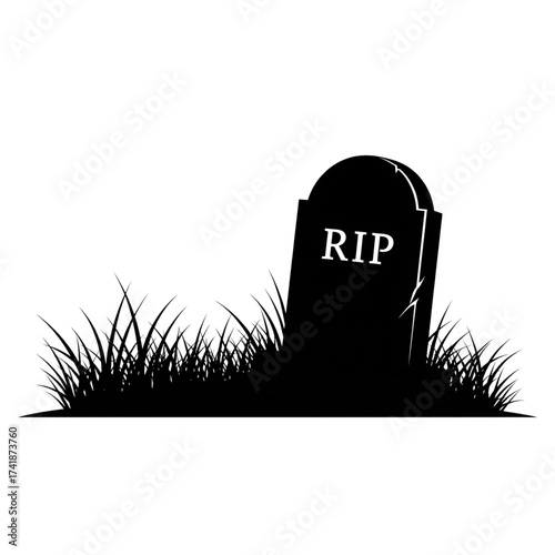 black and white illustration of a tombstone and grass surrounding it. isolated on a white background.