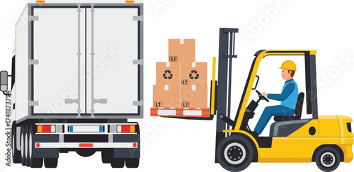 Forklift loading truck boxes vector illustration logistics work editable vector