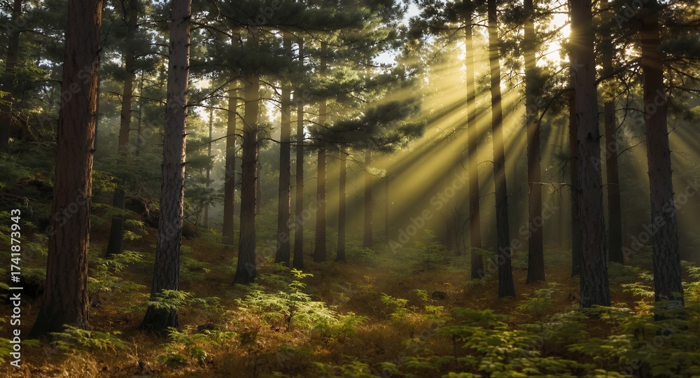 Fototapeta premium Sunlight Through Trees in Forest, Forest Background, Beautiful Nature Scene