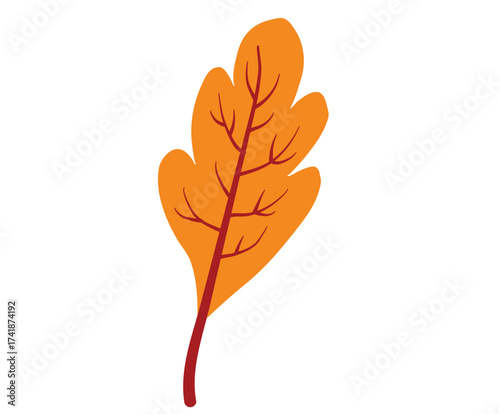 A single, stylized goldenorange leaf with lobed edges, isolated on a white background, capturing the essence of autumns changing colors and natural beauty