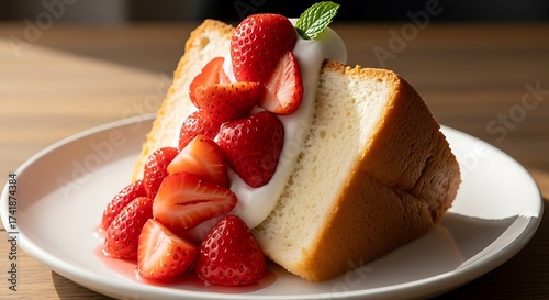 Slice of Strawberry Shortcake with Whipped Cream.