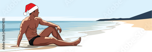 Man in Santa hat relaxes on a sunny beach, enjoying a tropical holiday season.
