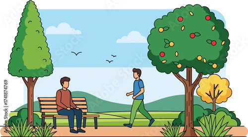 Two men enjoying a peaceful day in a park, one sitting on a bench, the other walking.