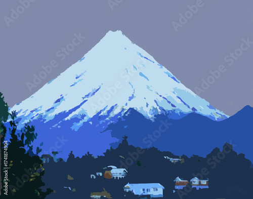 Snow capped mountain overlooking a serene village at dusk
