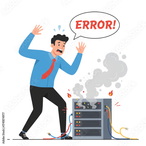 Illustration of an IT professional panicking as a server emits smoke. Plain white background.