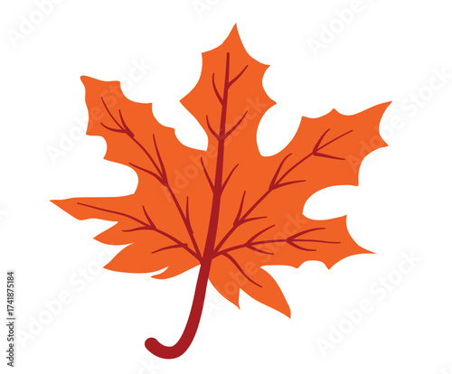 A stylized illustration of a single, deeply lobed orange leaf, possibly a maple leaf, with a brown stem and veins, isolated on a white background, representing autumn