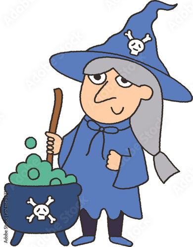 Cute halloween witch doodle in cartoon hand drawing style 
