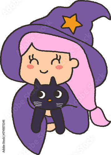 Cute halloween witch doodle in cartoon hand drawing style 