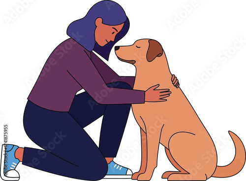Woman hugging dog illustration pet owner love and care concept art editable vector
