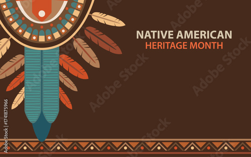 Native American Heritage Month Vector Background with Tribal Feathers and Ethnic Pattern