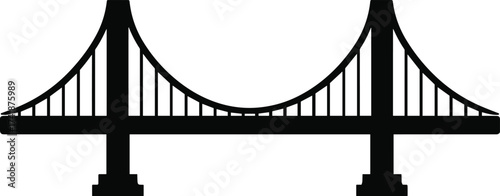 suspension bridge with tall towers and curved cables, side view, solid black silhouette