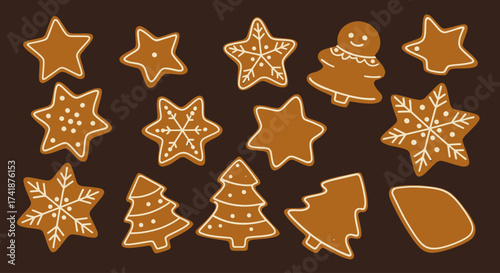 Vector Christmas food icons, including gingerbread cookies, hot cocoa with marshmallows, Christmas pudding, roasted turkey, candy cane, bright colorful flat design.