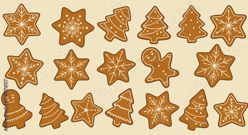 Vector Christmas food icons, including gingerbread cookies, hot cocoa with marshmallows, Christmas pudding, roasted turkey, candy cane, bright colorful flat design.