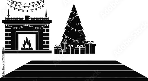 Christmas fireplace scene with tree and gifts vector illustration editable vector