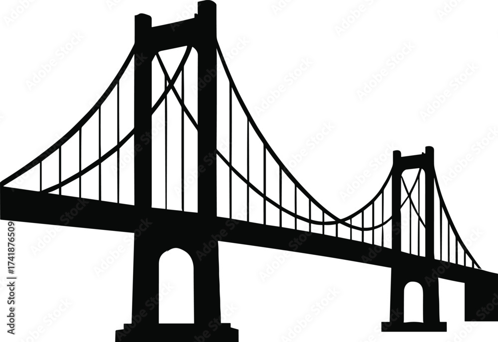 Fototapeta premium suspension bridge with tall towers and curved cables, side view, solid black silhouette