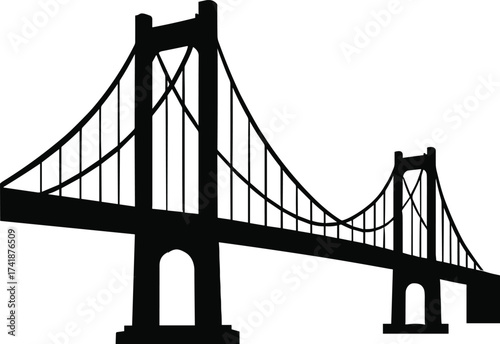 suspension bridge with tall towers and curved cables, side view, solid black silhouette