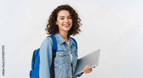 Smiling young woman student holding laptop with backpack