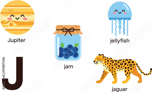 J is for jupiter jam jellyfish jaguar kids learning illustration editable vector