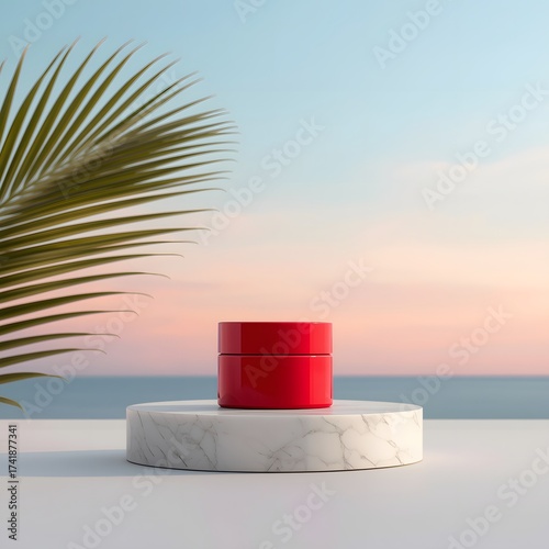Minimal red cosmetic container on marble pedestal with tropical leaf and serene sunset sky, elegant luxury product presentation background for branding display