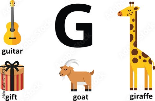 Learning the letter g with guitar gift goat and giraffe images kids editable vector