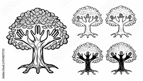 Hands nurturing a flourishing tree symbolizing growth, nature, and environmental care icon, originally vector graphics