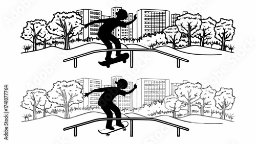 Dynamic skateboarder silhouette performing a trick in urban landscape with trees, perfect for edgy branding