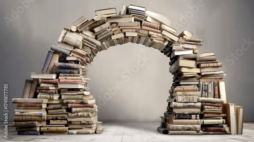 A bridge made of stacked books where one loose volume may cause the rise or fall of the structure, symbolizing fragile business foundations built on untested knowledge.
