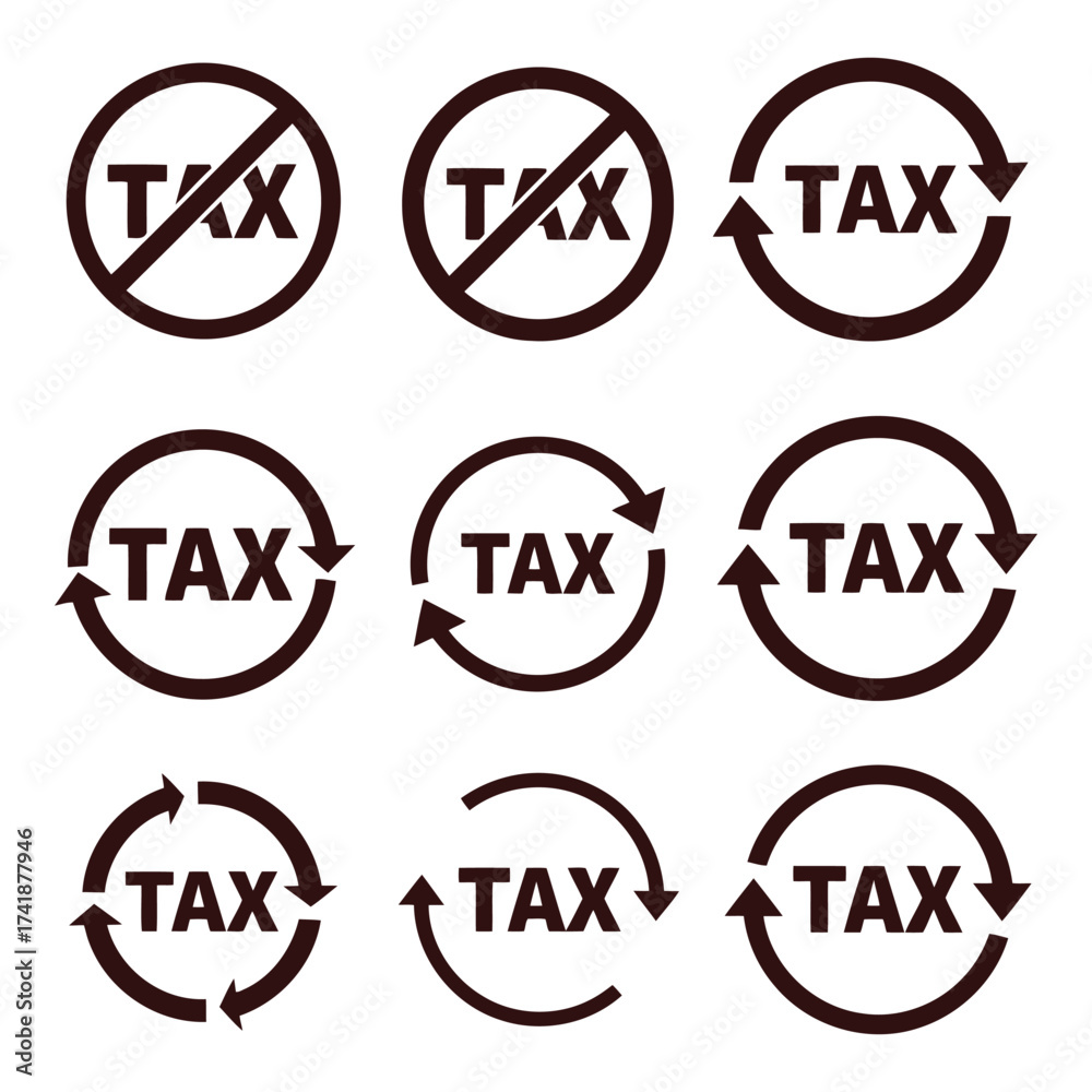 Obraz premium Tax icons and symbols silhouette isolated on white background, A collection of tax related icons and symbols presented in a silhouette style on a clean white background.