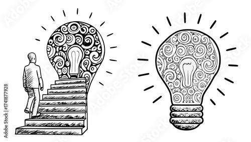 Achieving innovative ideas, man climbing steps toward creative lightbulb, business solutions metaphor