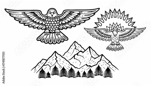 Bold eagle soars above majestic mountains, a timeless emblem of freedom and natural beauty