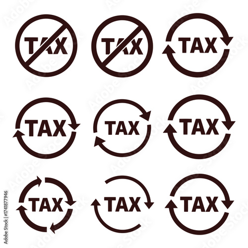 Tax icons and symbols silhouette isolated on white background, A collection of tax related icons and symbols presented in a silhouette style on a clean white background.