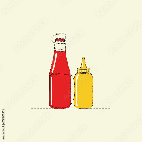 Simplified line drawing of a classic condiment bottle and a squeeze bottle with yellow cap on a plain