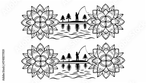 Serene scene of fisherman casting a line in tranquil lake framed by lotus blossoms black and white