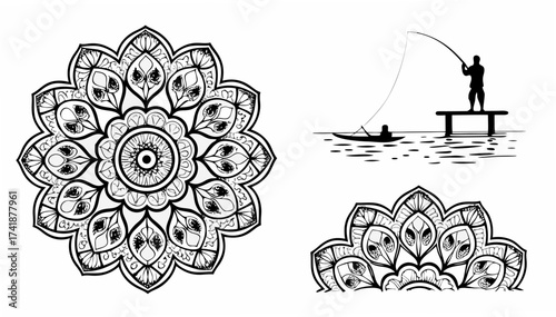 Intricate mandala designs meet serene fishing scene, blending artistry and tranquility in a unique fusion