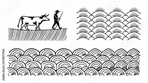 Elegant line art featuring farmer, cow, and wave patterns, ideal for creative projects and designs