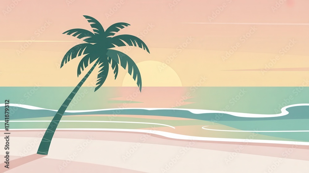 Fototapeta premium Dreamy tropical sunset with palm tree, perfect for travel posters, summer vibes, and vacation promotions evoking peace and relaxation in paradise