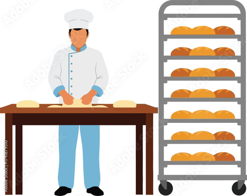 Baker preparing bread dough with bread rack vector illustration editable vector