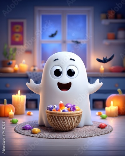 Cute Ghost Character with Candy Basket in Spooky Halloween Scene