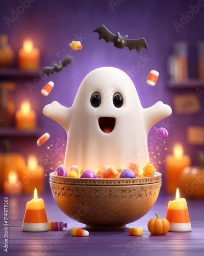 Cute Halloween Ghost with Candy in Bowl Surrounded by Decorations