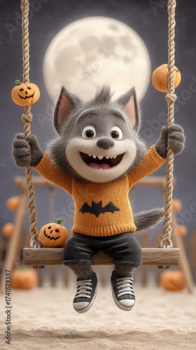 Happy Cartoon Wolf on Swing Wearing Bat Sweater with Pumpkins