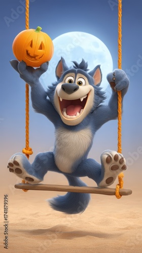 Whimsical Cartoon Wolf on Swing Holding Jack-O-Lantern in Moonlight