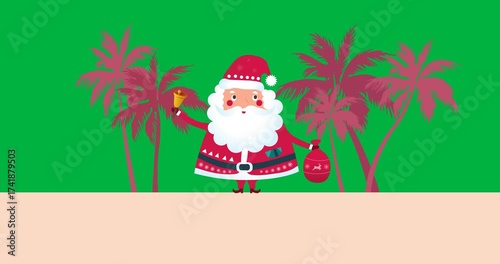 Animation of santa claus over palm trees on transparent background