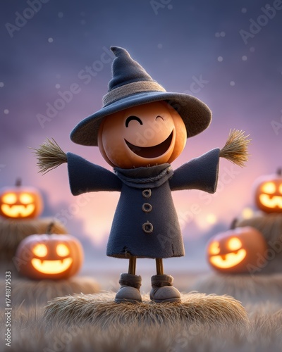 Cheerful Scarecrow with Pumpkin Head in Autumn Harvest Scene