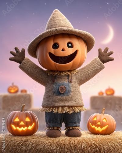 Cheerful Scarecrow Character Surrounded by Jack-o'-Lanterns
