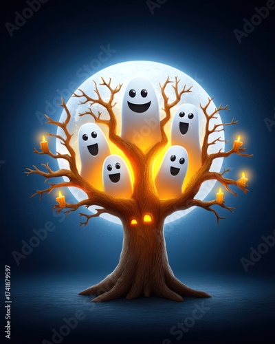 Cute Ghosts in Tree Under Full Moon with Candles and Smiles